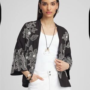 Chico's Black Floral Embroidered Kimono Jacket S/M